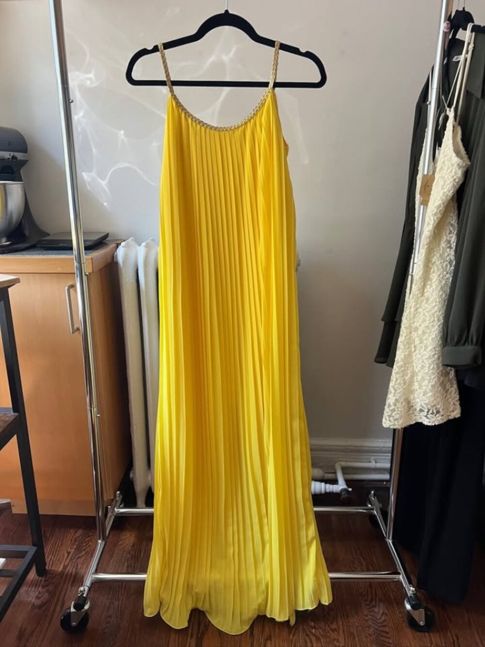 Grecian-Style, Floor Length Canary Yellow Sheer Pleated Dress